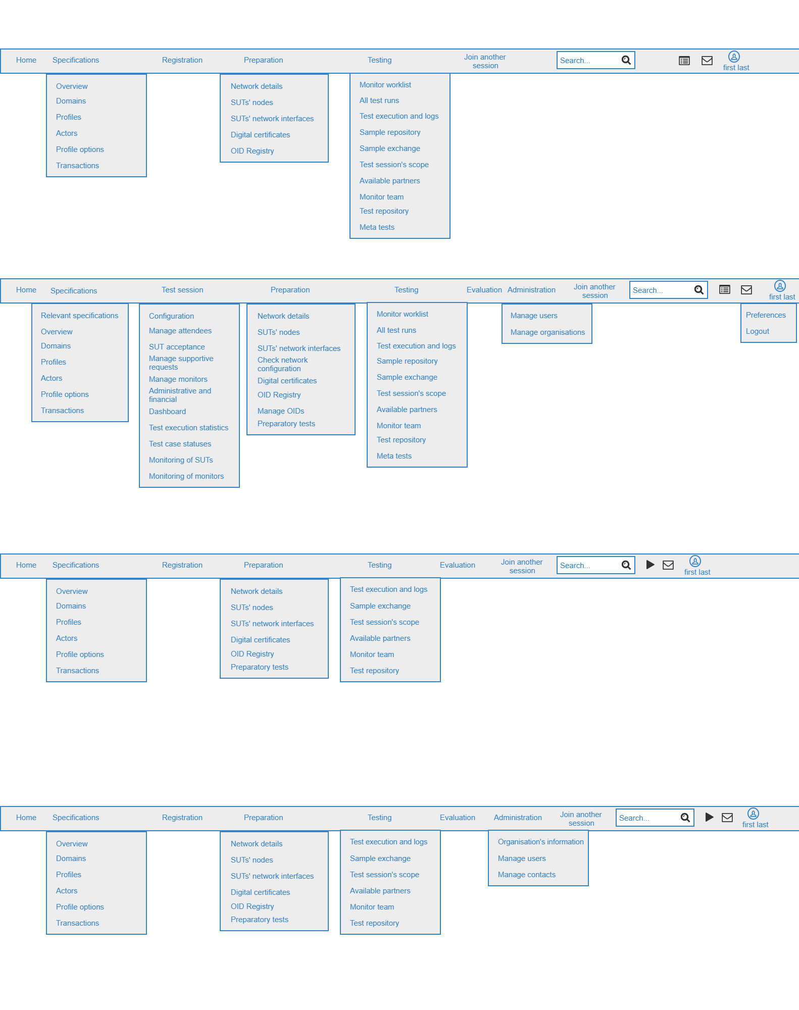menus for different roles